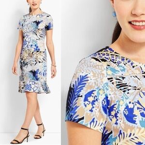 Talbots Botanical Floral Blue Multi Flounce Hem Short Sleeve Sateen Sheath 14